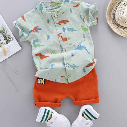 2pcs Baby Boys Dinosaur Print Button Short Sleeve Shirt Top &amp; Elastic Waist Shorts Set Toddler Summer Clothes For Daily &amp; Outdoor Wear
