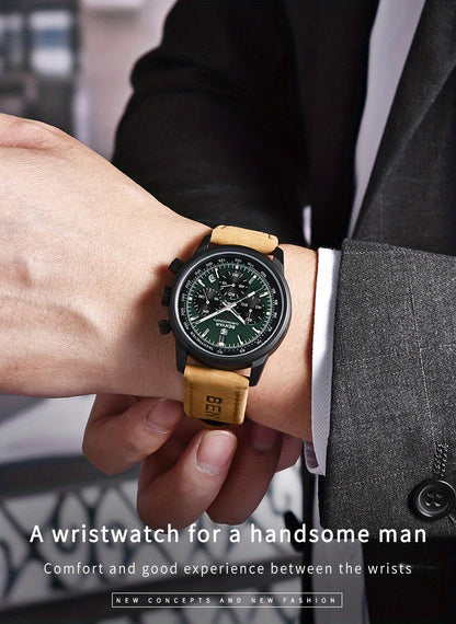 BENYAR Top Brand Men's Watches Sport For Men Multifunction Chronograph Black Fashion Quartz Wristwatches Calendar With Leather Strap