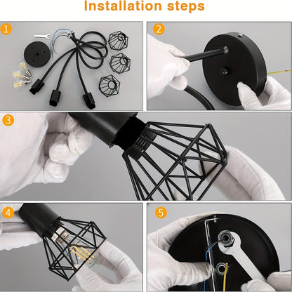 1pc Industrial 3 Way Ceiling Light, Hanging Light, Semi Flush Mount E14 Base, Black Metal Cage 3 Lights, Bedroom, Living Room, Dining Room, Hallway, Ceiling Light Fixture (Bulb Not Included)