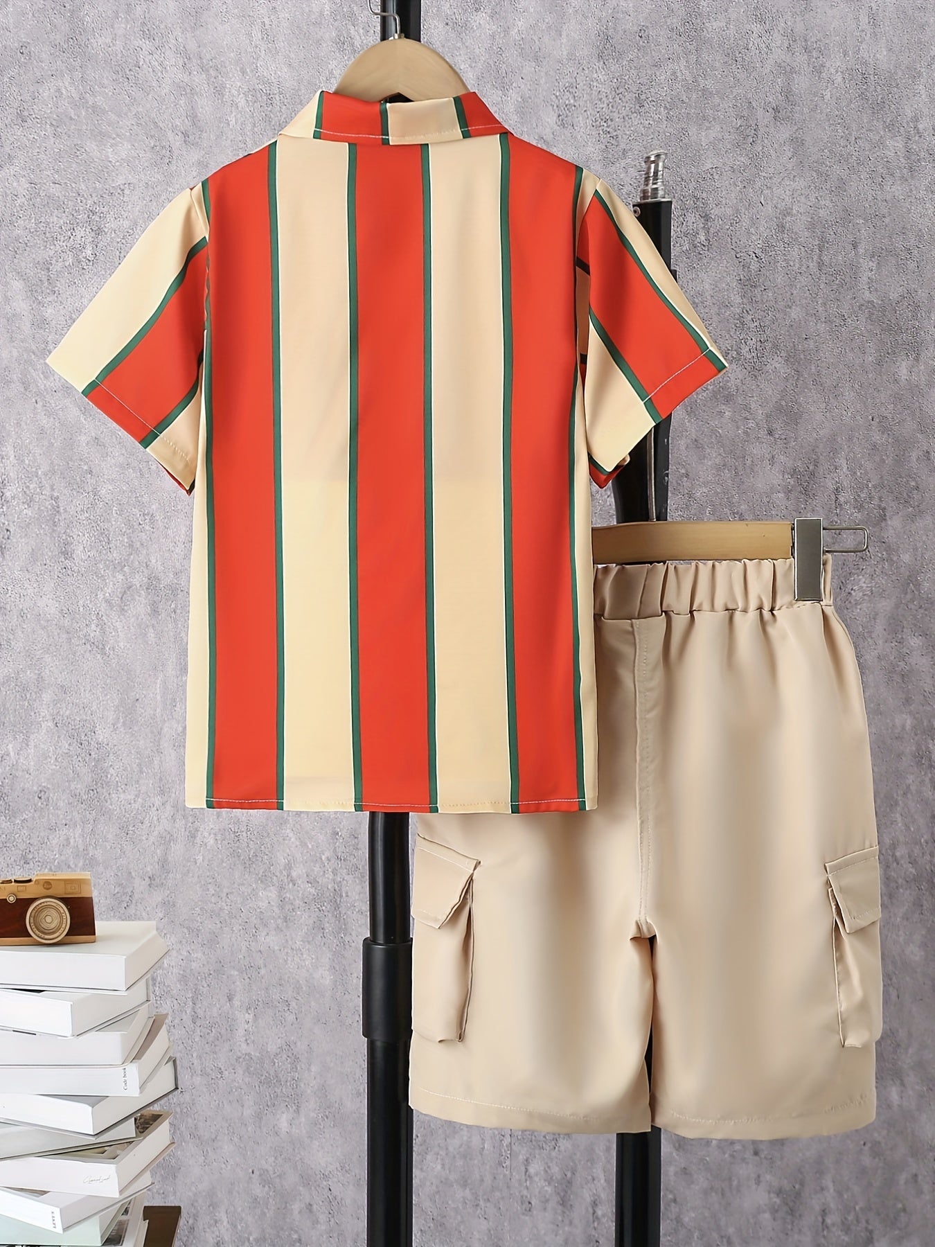 2pcs Boys Teen Casual Striped Short Sleeve Shirt &amp; Pocket Side Shorts Set Clothes For Summer