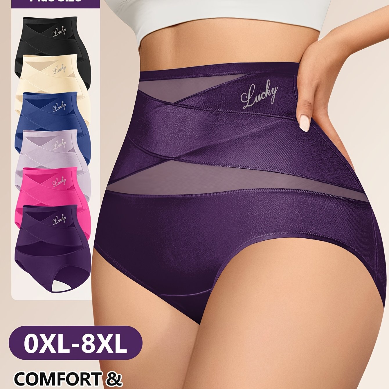 6-Pack MIOTAN Plus Size High-Waisted Tummy Control Panties for Women, Breathable Mesh Crossed Waistband, Seamless Fiber, Shaping Butt Lifting Underwear, Elegant Solid Color, Medium Stretch Knit Fabric, 90% Polyester 10% Elast