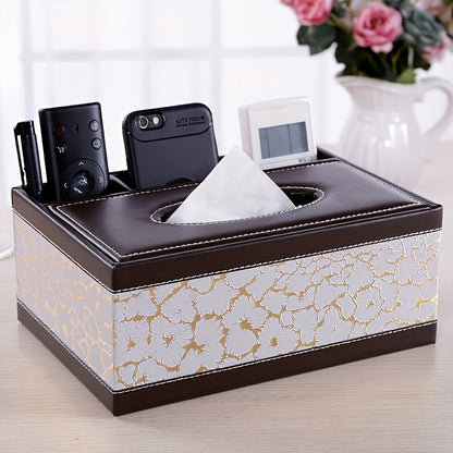 LDQ Multi-Functional Faux Leather Tissue&Storage Box with 4 Compartments Includes Remote Control&Household Napkin Storage, Wipe-Clean in Seconds, Ideal for Living Room, Study&Café Countertops Perfect for Home Supplies Back t