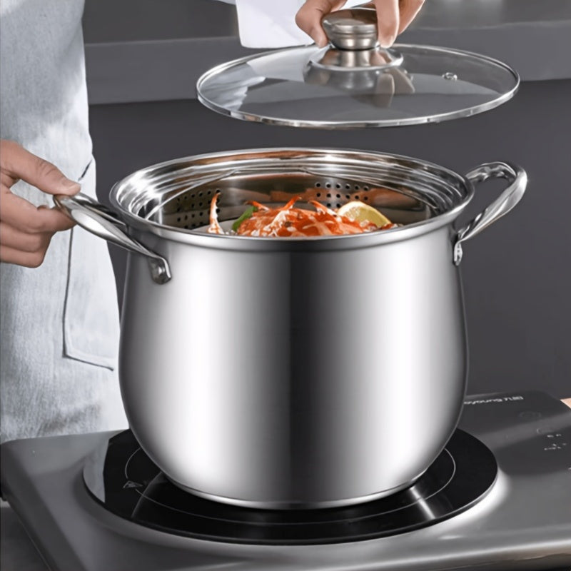 Large Capacity Stainless Steel Soup Pot with Lid, Perfect for Induction Stove, Gas Stove, and Outdoor Camping - Ideal for Cooking, Boiling, and Steaming, Camping Essentials|Stainless Steel Pot|Durable Cookware