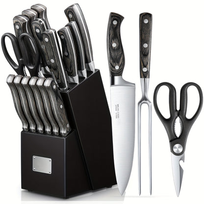 16pcs Knife Set, With Wooden Handle, Stainless Steel Chef'S Knife Set With Wooden Block, Professional Kitchen Knife With Sharpening Steel, Ideal Christmas Gift For Mother, Friend, Brown/Black