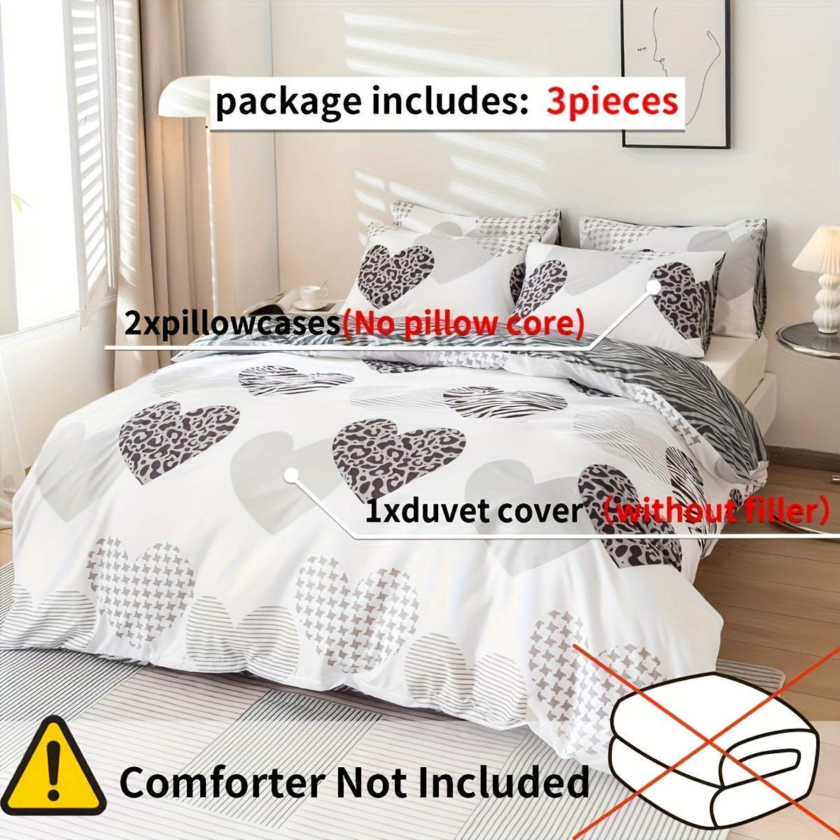 3pcs Love Leopard Print Multicolor Printed Duvet Cover Set, Polyester, All-Season, Zipper Closure, Woven Fabric, with Pillowcase, Machine Washable, Printing, Sanded Finish, 90g Fabric Weight, Non-Woven Fabric, Duvet Insert No