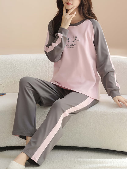 Women'S Cozy Long Sleeve Pajama Set - Soft Pink & Gray, "Lucky Day" Design, Casual Crew Neck, Long Length, Perfect for Fall/Winter, Comfortable Home Wear, Cozy Clothing | Playful Design | Soft Fabric, Ladie Long Sleeve Nightd