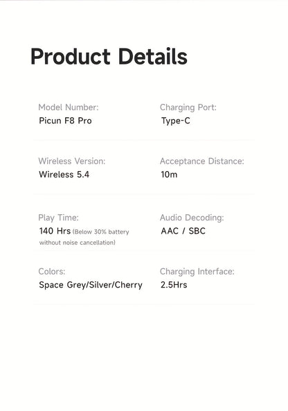 PICUN Wireless Headphones with Dynamic Head Tracking, -52dB ANC Noise Cancellation, 140Hrs Battery Life, Wireless 5.4, Wired/Wireless Switch, Double Connection & Multi-Mode Audio, Closed-back Design, Plastic Material, Compati