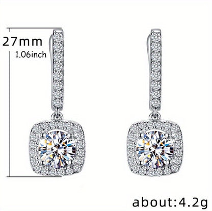 Sterling 925 Silver Ear Jewelry Square Shape Shiny zirconia Decor Dangle Earrings Luxury Style Banquet Party Ear Ornaments