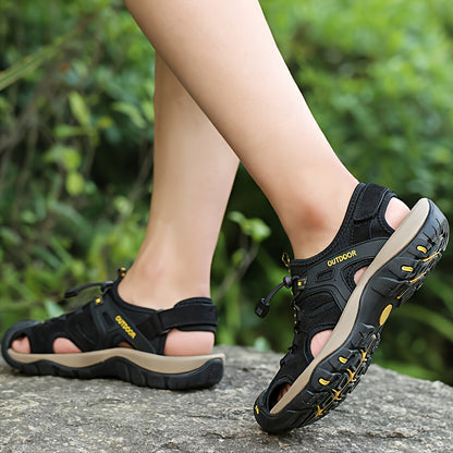 Men'S Premium Genuine Leather Sandals - Closure Fisherman Style, Black/Brown/Gray, Summer Slippers & Hiking Shoes with Elastic Straps, Rubber Sole & Comfortable Fabric Lining for Casual Outdoor Wear, All-Season Versatile Desi