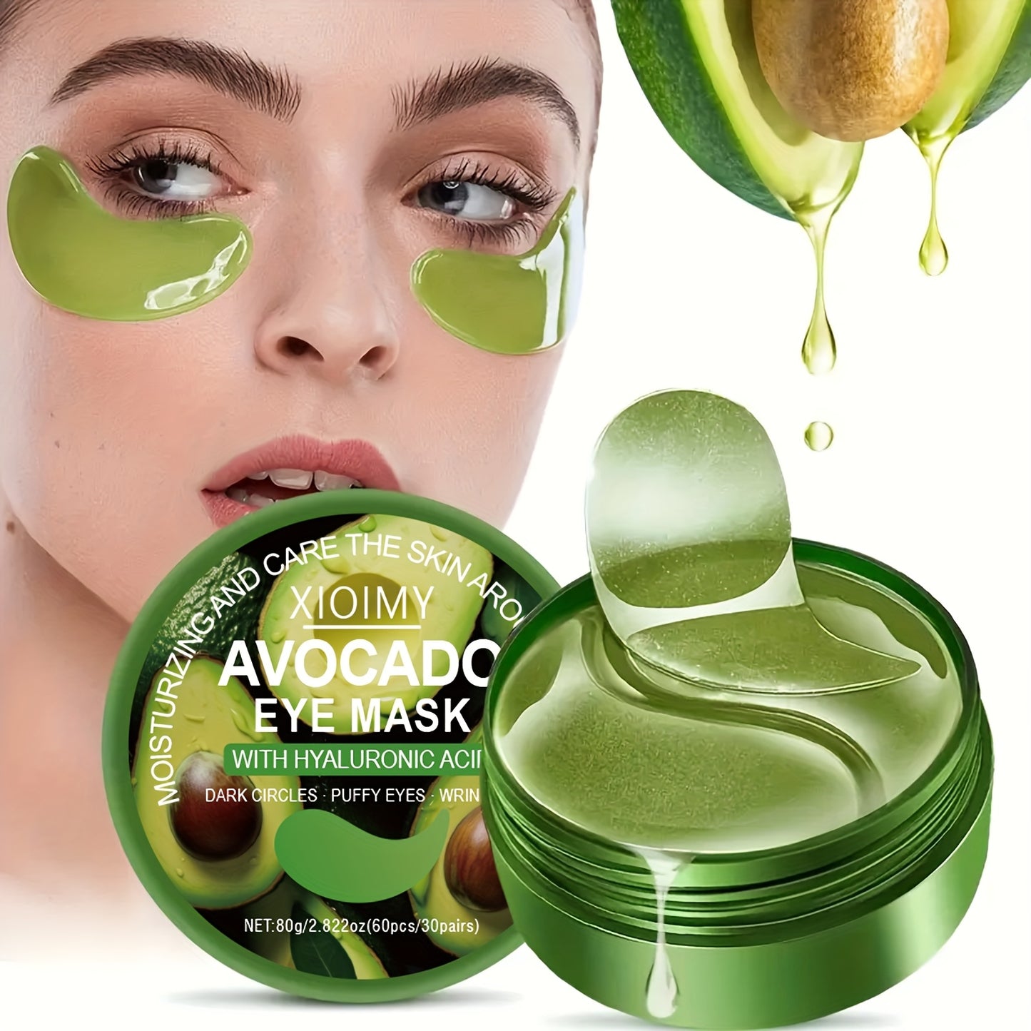 60pcs Avocado & Hyaluronic Acid Eye Masks - Intense Hydration & Brightening, Puffiness Reduction, Dark Circles & Wrinkles, Hypoallergenic for All Light Beige Types, Unisex Skincare, Avocado Eye Mask, Sleek Packaging, Natural