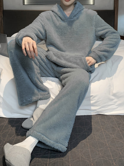 Men's Coral Velvet Pajamas Autumn and Winter Thickened Velvet Winter Hooded Flannel Warm Youth Pajama Set