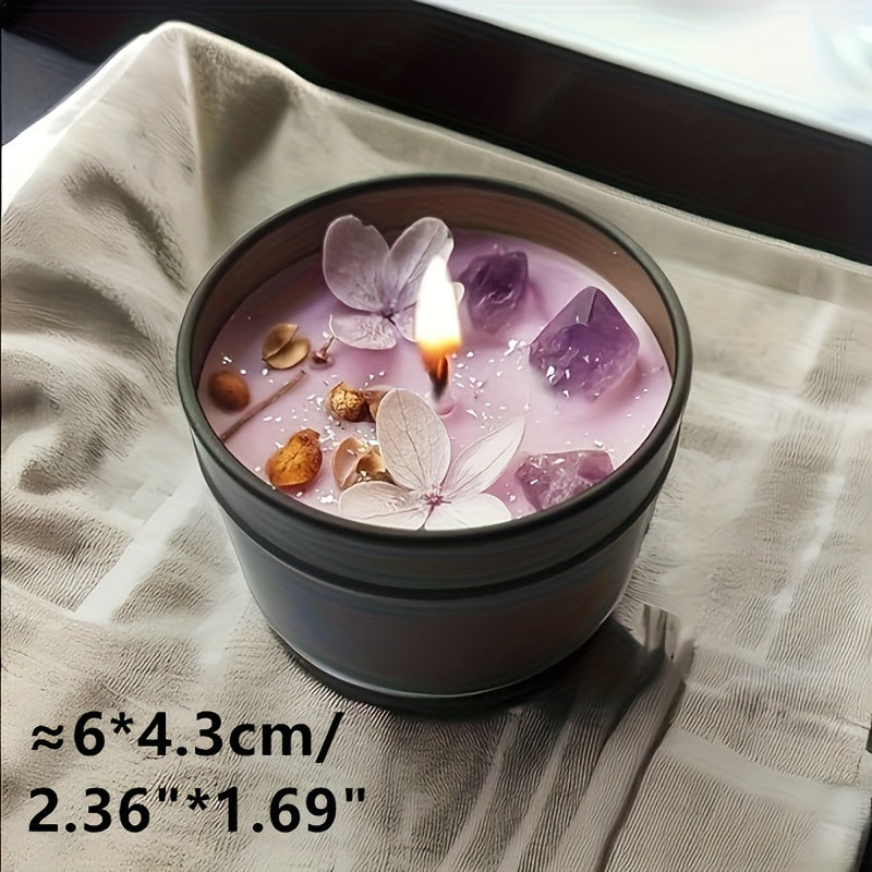 Elegant Lavender Scented Candle in Black Tin - Aesthetic Purple Crystals &amp; Petals Design, Soft Fragrance Natural Soy Wax - Ideal for Relaxation &amp; Home Decor, Perfect Women's Gift, Relaxation Candle|Spa Atmosphere Candle|Black