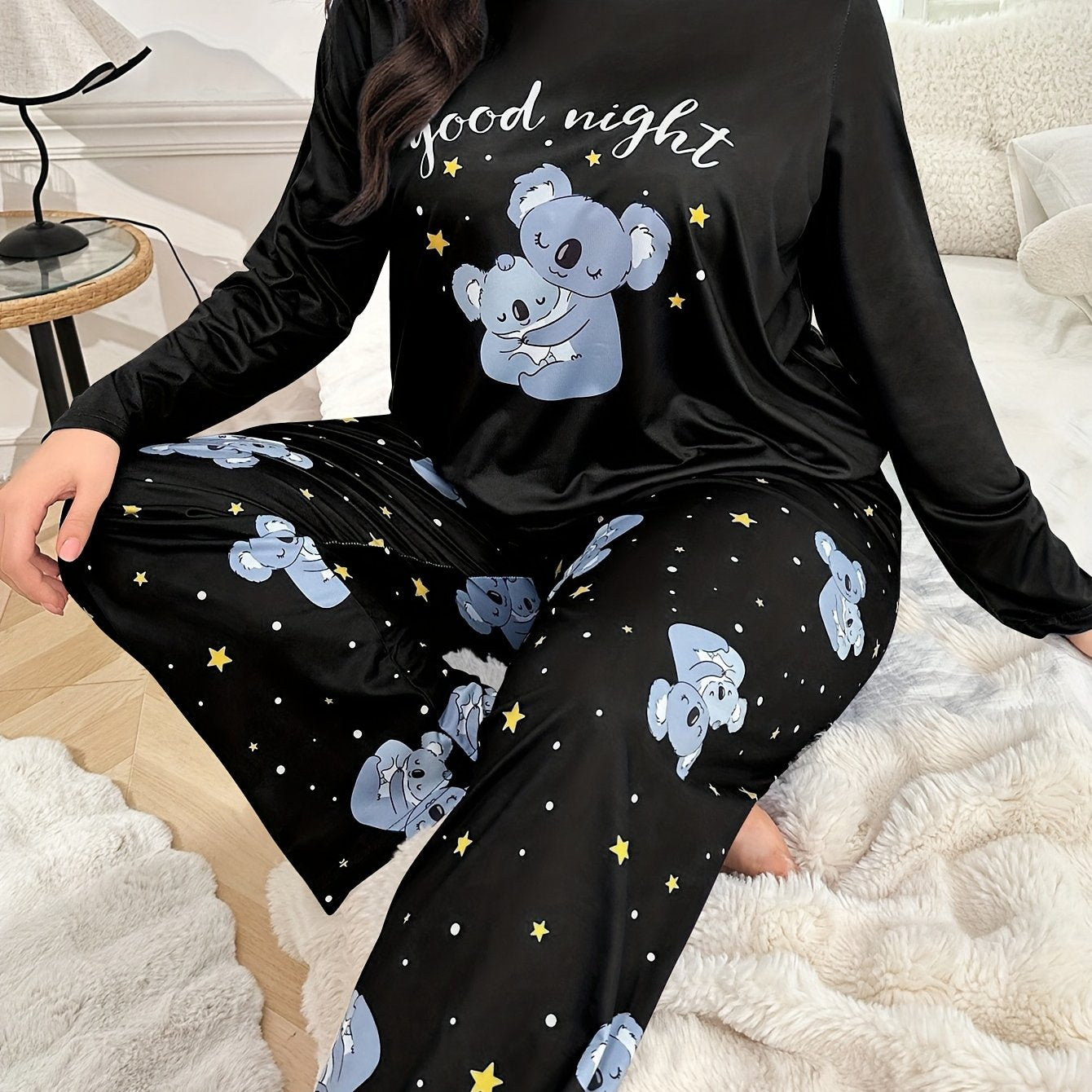 Plus Size Autumn/Winter Women's Pajamas with Cute Cartoon Koala Print Long Sleeve Loungewear Set
