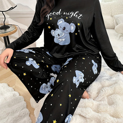 Plus Size Autumn/Winter Women's Pajamas with Cute Cartoon Koala Print Long Sleeve Loungewear Set