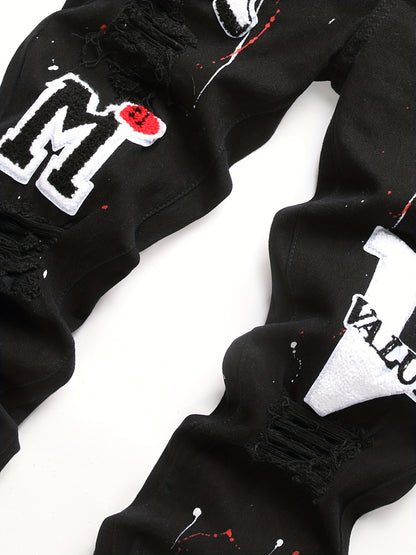 Patch Splatter Ripped Jeans, Men's Casual Street Style Distressed Slim Fit High Stretch Denim Pants For Spring Summer