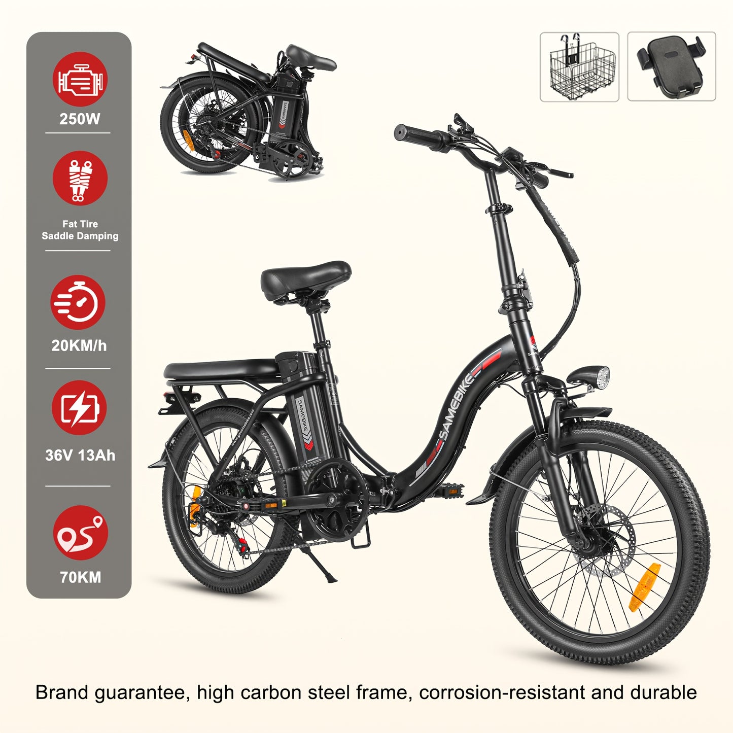 CY20 20" Foldable Step-Through Electric Bike for Adults - Lightweight Portable City Commuter E-Bike with 36V Removable Battery, 250W Motor & 15 MPH Speed, Front Suspension, Disc Brakes, Alloy Steel Frame, White - Dual-Power (