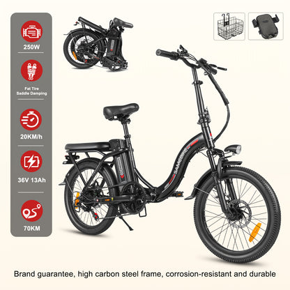 CY20 20" Foldable Step-Through Electric Bike for Adults - Lightweight Portable City Commuter E-Bike with 36V Removable Battery, 250W Motor & 15 MPH Speed, Front Suspension, Disc Brakes, Alloy Steel Frame, White - Dual-Power (