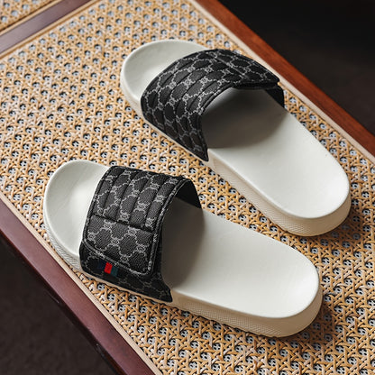 Men's Luxury Slip-On Slippers - Thick Cushioned EVA Sole & Soft PU Upper with Striped Pattern, All-Season Indoor/Outdoor House Shoes for Men, Comfortable Casual & Party Footwear (Black/White, Beige/Brown) - Unisex-Friendly De