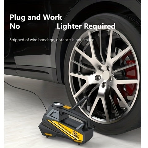 Inflador de pneus digital CaRSun, bomba de ar portátil com luz LED para automóveis, motos e bicicletas - DC 12V, 150 PSI, design preto e amarelo, alimentação por ficha, sem necessidade de bateria, insuflador de pneus de bicicleta | Porta elegante