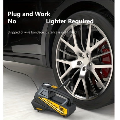 Inflador de pneus digital CaRSun, bomba de ar portátil com luz LED para automóveis, motos e bicicletas - DC 12V, 150 PSI, design preto e amarelo, alimentação por ficha, sem necessidade de bateria, insuflador de pneus de bicicleta | Porta elegante