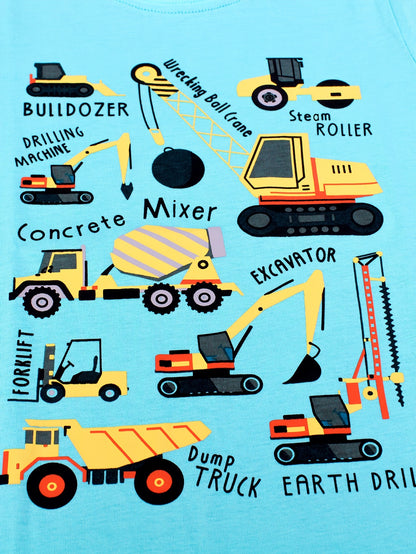 Boys' Cotton Short Sleeve T-Shirt with Cartoon Excavator Print, Breathable Summer Trend