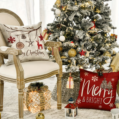 4pcs Merry & Bright Christmas Let It Snow Snowflake Buffalo Plaid Throw Pillow Covers, Red Xmas Trees Winter Holiday Cushion Case Decoration for Sofa Couch