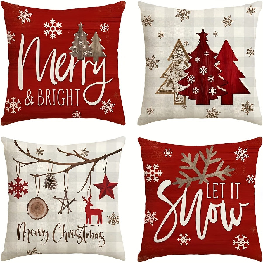 4pcs Merry & Bright Christmas Let It Snow Snowflake Buffalo Plaid Throw Pillow Covers, Red Xmas Trees Winter Holiday Cushion Case Decoration for Sofa Couch