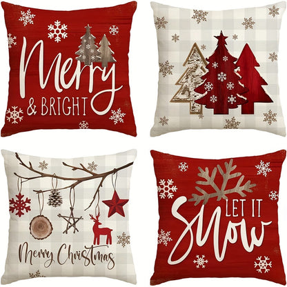 4pcs Merry & Bright Christmas Let It Snow Snowflake Buffalo Plaid Throw Pillow Covers, Red Xmas Trees Winter Holiday Cushion Case Decoration for Sofa Couch