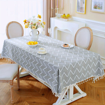 1pc, Bohemian Geometric Wave Pattern Tablecloth - European Style Cotton and Linen Rectangular Tablecloth for Farmhouse, Restaurant, Picnic, Camping, Birthday Party Decoration and Home Decor