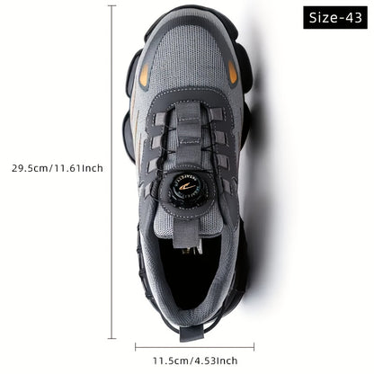 Botas de trabalho para homem com biqueira de aço e proteção contra perfurações - Respiráveis, antiderrapantes, com atacadores e fivela giratória, resistentes para atividades ao ar livre, topo em malha preta e cinzenta.