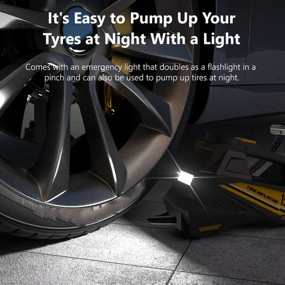 Inflador de pneus digital CaRSun, bomba de ar portátil com luz LED para automóveis, motos e bicicletas - DC 12V, 150 PSI, design preto e amarelo, alimentação por ficha, sem necessidade de bateria, insuflador de pneus de bicicleta | Porta elegante