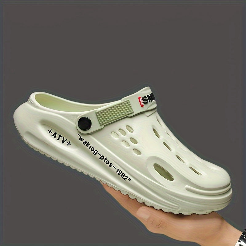 Men's Trendy Thick-Sole EVA Clogs with Alphabet Design - Slip-On, Breathable Garden Shoes with Secure Yellow Strap & "SMN WALKING PROS" Insole Print for Outdoor Comfort, Chunky Shoes