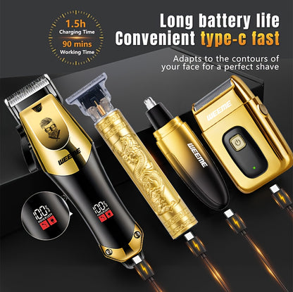 WEEME 4pcs Men'S Golden Electric Hairdresser Set, Household Beard Building Kit. Electric Hair Clipper + Electric Shaver + Electric Nose Hair Trimmer + Fine Trimmer. Used for Home, Car and Travel. Gifts for Fathers, Husbands,