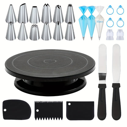 76pcs Stainless Steel Piping Nozzles Cake Turntable Set, 12 Nozzles, 1 Turntable, 2 Reusable Piping Bags, 50 Disposable Piping Bags, 4 Silicone Rings, 2 Converters, 2 Icing Spatulas, 3 Icing Scrapers, Cake Decorating, Nozzles