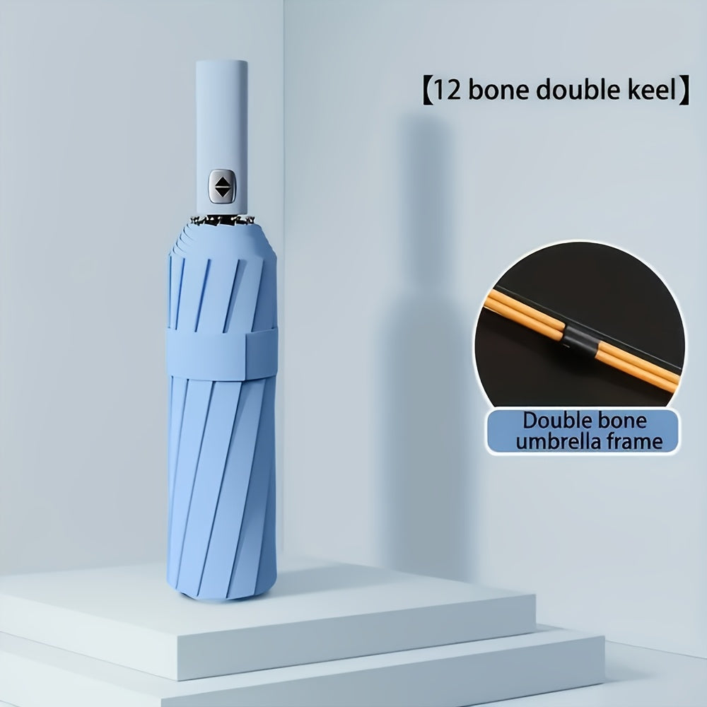 Large Automatic Folding Umbrella - Double Rib Design, Windproof &, 12 Ribs, Compact & Durable, Black with Orange Accents, Dual User Coverage, | Fashion Accessory | High-quality Fabric, Outdoor Umbrella