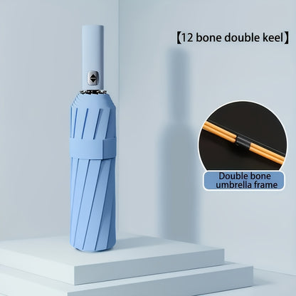 Large Automatic Folding Umbrella - Double Rib Design, Windproof &, 12 Ribs, Compact & Durable, Black with Orange Accents, Dual User Coverage, | Fashion Accessory | High-quality Fabric, Outdoor Umbrella