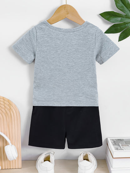 2pcs Set of Boys' Summer Striped Print Round Neck Short Sleeve T-shirt and Casual Shorts