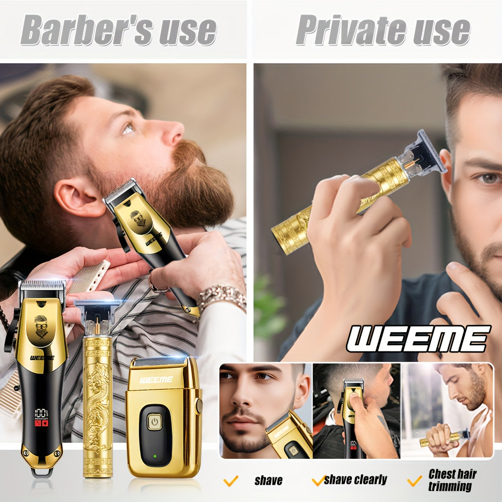 WEEME 4pcs Men'S Golden Electric Hairdresser Set, Household Beard Building Kit. Electric Hair Clipper + Electric Shaver + Electric Nose Hair Trimmer + Fine Trimmer. Used for Home, Car and Travel. Gifts for Fathers, Husbands,