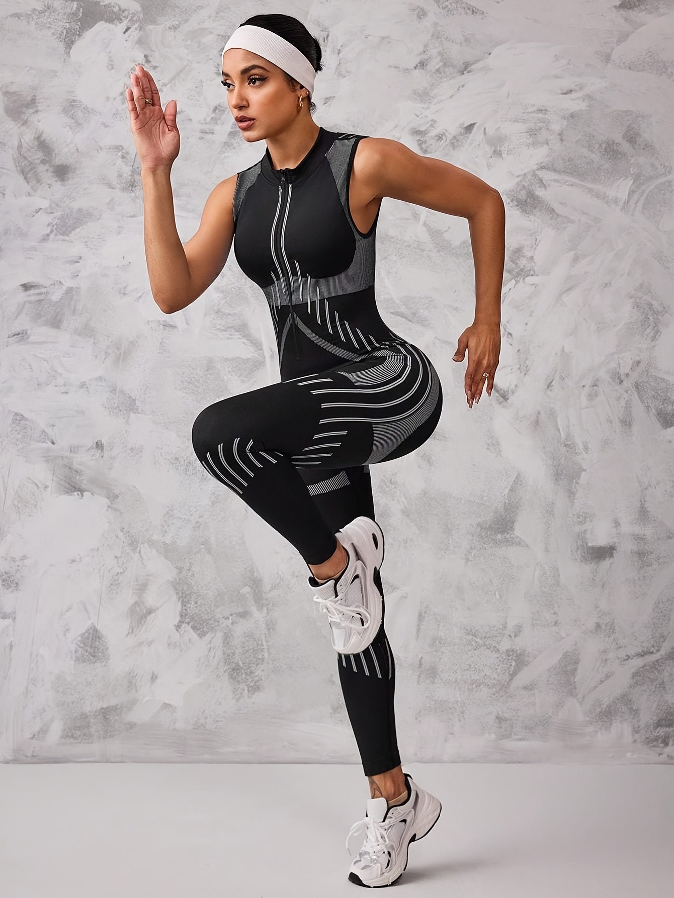 Women's Full-Zip High-Neck Jumpsuit - Seamless Bodysuit with Full-Length Zipper, Striped Leggings & Top, Machine Washable Stretch for,,, Outdoor & Daily Wear - All-Season