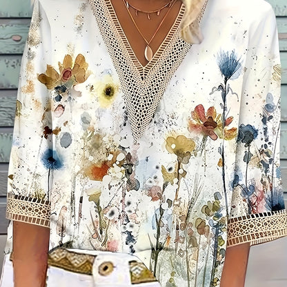 Plus Size Casual T-shirt, Women's Plus Floral Print Contrast Lace Half Sleeve V Neck T-shirt