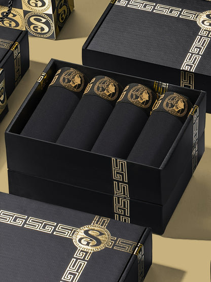 Conjunto de 4 Cuecas Boxer Pretas e Douradas - Viscose Macia e Respirável, Confortável para Uso Diário, Ajuste Slim com Elasticidade, Design em Cor Sólida, Roupa Íntima Casual | Cuecas Boxer | Cuecas Boxer para Oferta