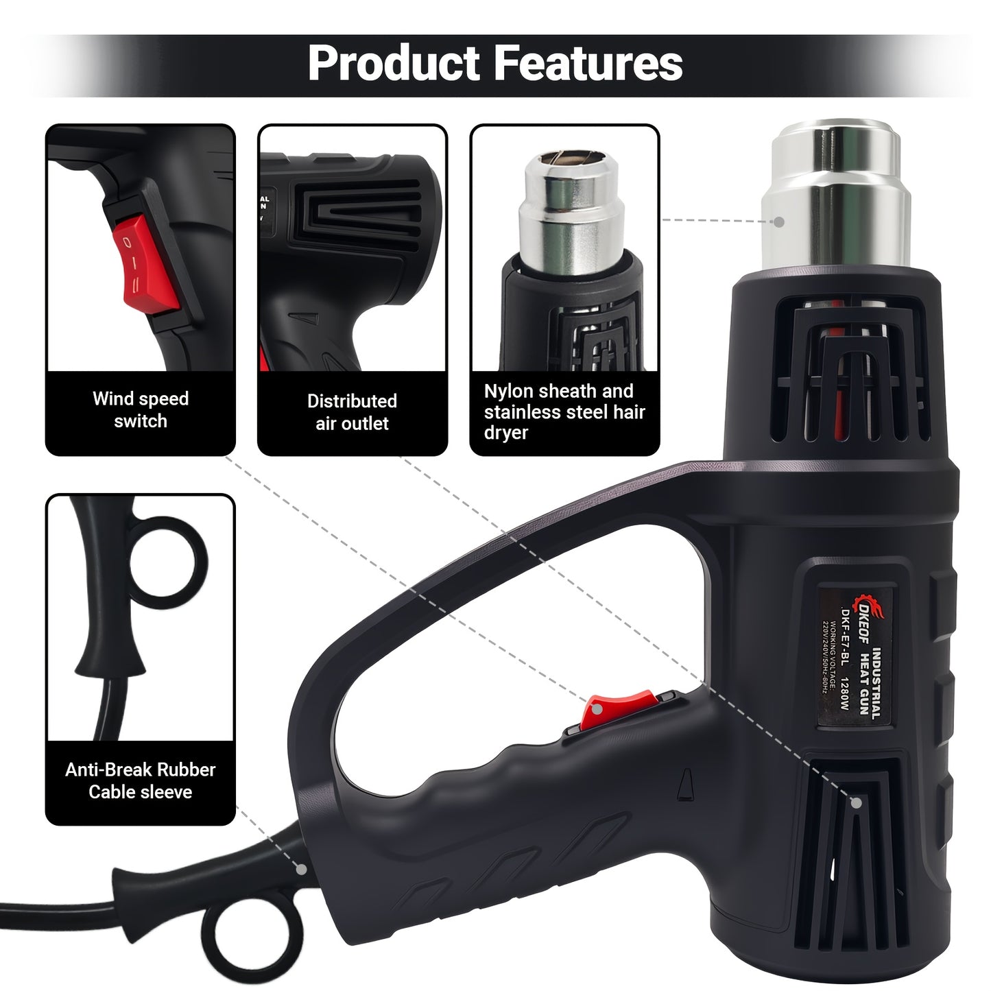 Kit de pistola de ar quente DKEOF 1280W para serviço pesado com definições de temperatura dupla (150°C/650°C), proteção contra sobreaquecimento, aquecimento rápido, cabo ergonómico e construção durável - para encolher PVC e soldar.