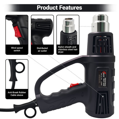 Kit de pistola de ar quente DKEOF 1280W para serviço pesado com definições de temperatura dupla (150°C/650°C), proteção contra sobreaquecimento, aquecimento rápido, cabo ergonómico e construção durável - para encolher PVC e soldar.