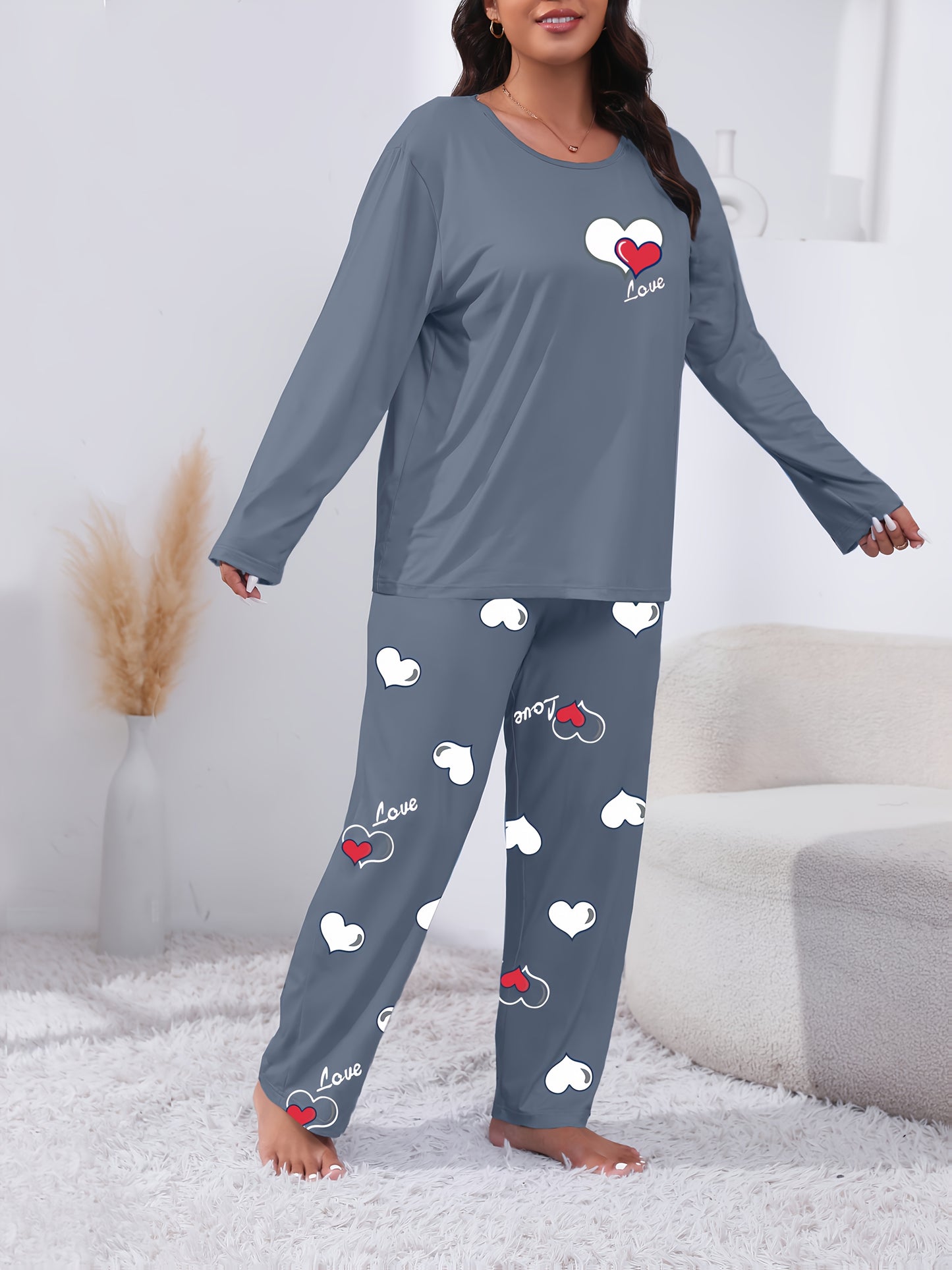 Autumn And Winter Large Size Black Crew Neck Cartoon Small Love Two-Color English Pattern Print Casual And Comfortable Sister Two-Piece Pajama Set