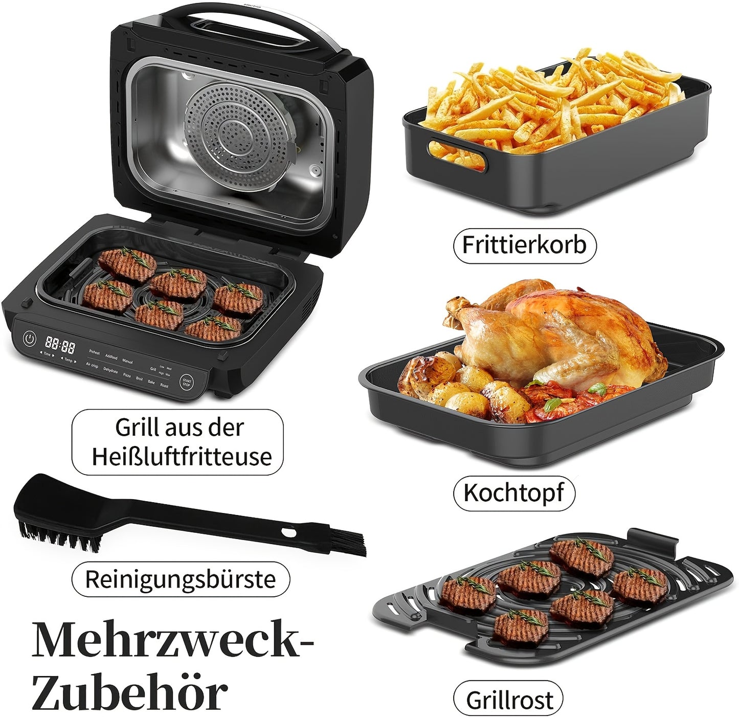 8-in-1 Grill Hot Air Fryer, 6L Capacity Airfryer, Electric Grill with Touch Control, 120-Minute Timer, 1700W, Black