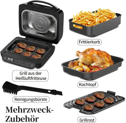 8-in-1 Grill Hot Air Fryer, 6L Capacity Airfryer, Electric Grill with Touch Control, 120-Minute Timer, 1700W, Black