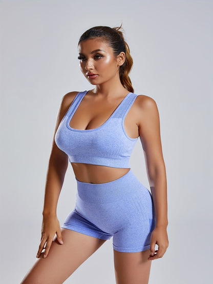Women'S Seamless Sports Yoga Set, Summer New High Stretch Knit Fabric, Solid Color Polyamide 90% Elastane 10%, Short Length Fitness Gym Wear with Backless Bra and Butt Lifting Yoga Pants
