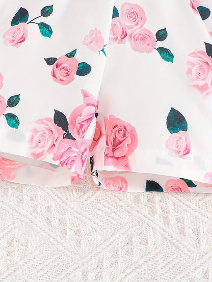 Girls' Summer Casual Floral Print Off-Shoulder Jumpsuit with Adjustable Waist Belt - Lightweight Breathable Shorts for Outdoor Play & Daily Wear, Blue & White Flower Design, Perfect for Weekend Outings, Cute Outfits for Girls