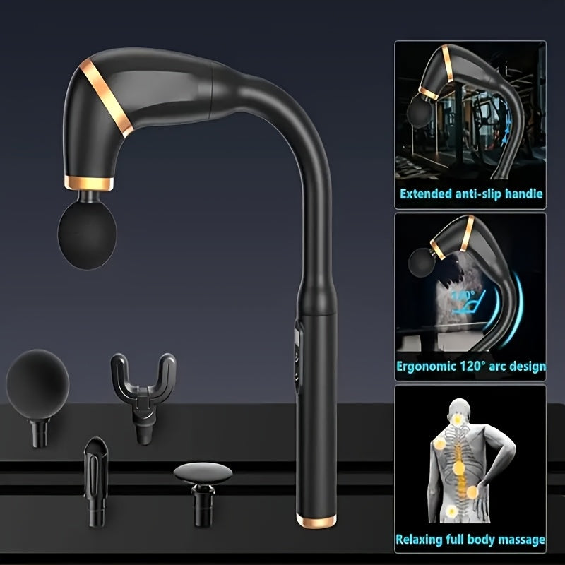 Long-Handle Deep Tissue Massage Gun, Portable Back Massager with Ergonomic Handle for Neck, Shoulder, And Back - Low Noise And Vibration, Multiple Massage Modes, Portable Design, Interchangeable Heads - Suitable for Home, Off
