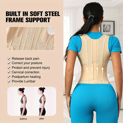 Polyamide Women's Waist Trainer Corset - Back Support with Dual Waist Straps, Adjustable Shoulder Straps, Hard Control Knit Fabric Cincher, Breathable with Steel Frame Support, 72.7% Polyamide 27.3% Elastane, Washable - 1 Pc